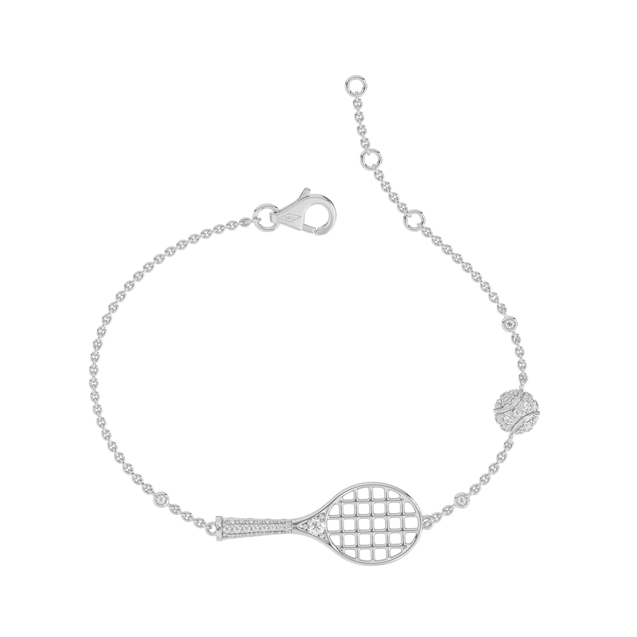 Ace Racket Bracelet featuring a tennis racket charm and diamond-encrusted tennis ball design.